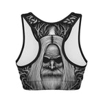 Black And White Odin With Crows Print Women's Sports Bra