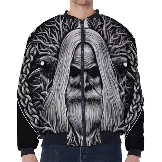 Black And White Odin With Crows Print Zip Sleeve Bomber Jacket