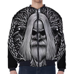 Black And White Odin With Crows Print Zip Sleeve Bomber Jacket