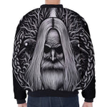 Black And White Odin With Crows Print Zip Sleeve Bomber Jacket
