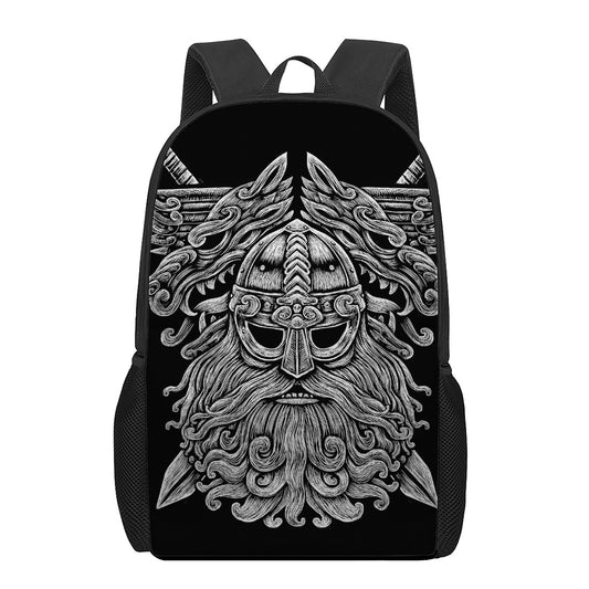Black And White Odin With Wolfs Print 17 Inch Backpack