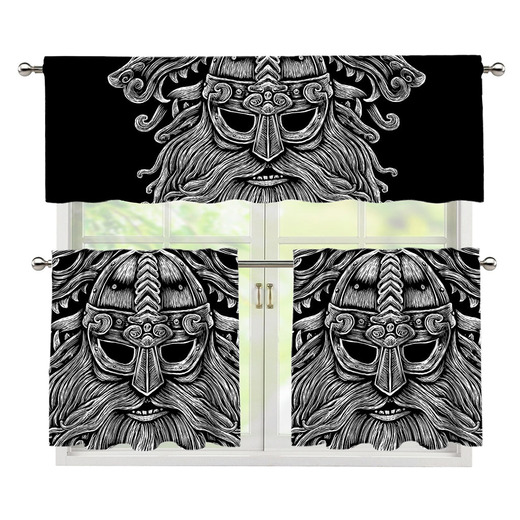 Black And White Odin With Wolfs Print 3 Piece Kitchen Curtains