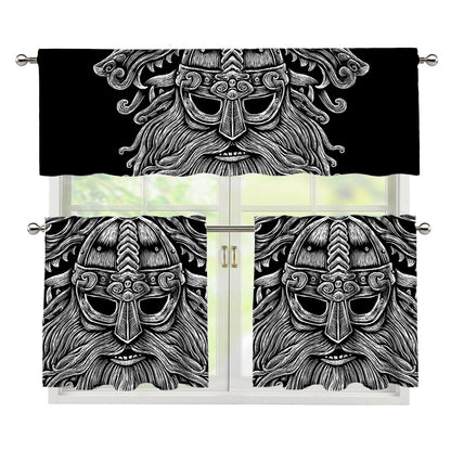 Black And White Odin With Wolfs Print 3 Piece Kitchen Curtains