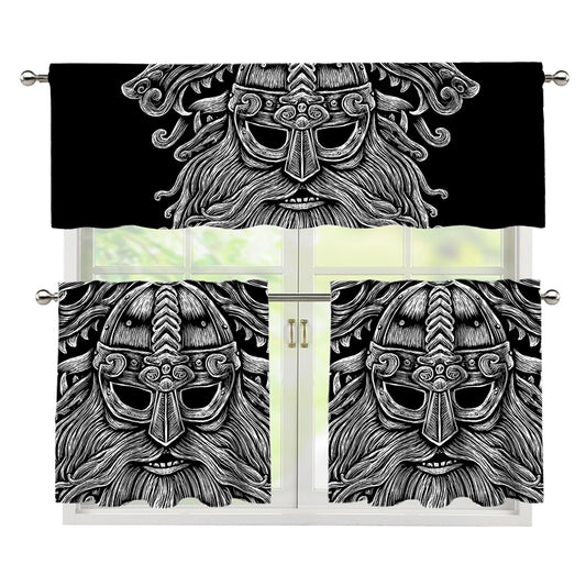 Black And White Odin With Wolfs Print 3 Piece Kitchen Curtains