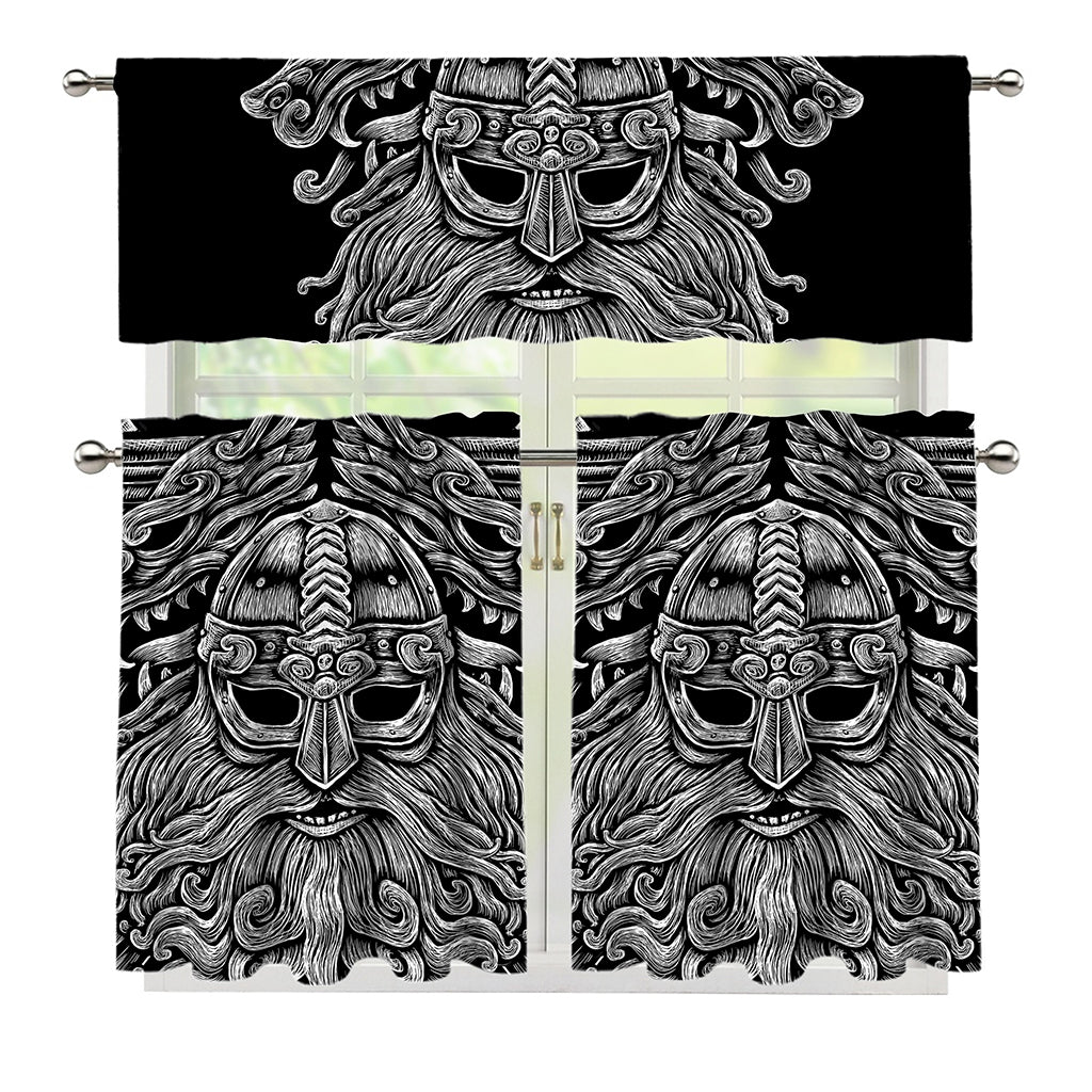Black And White Odin With Wolfs Print 3 Piece Kitchen Curtains