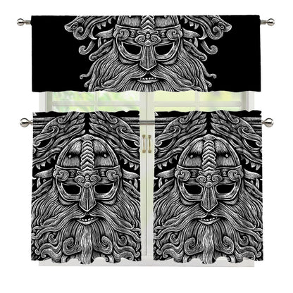 Black And White Odin With Wolfs Print 3 Piece Kitchen Curtains