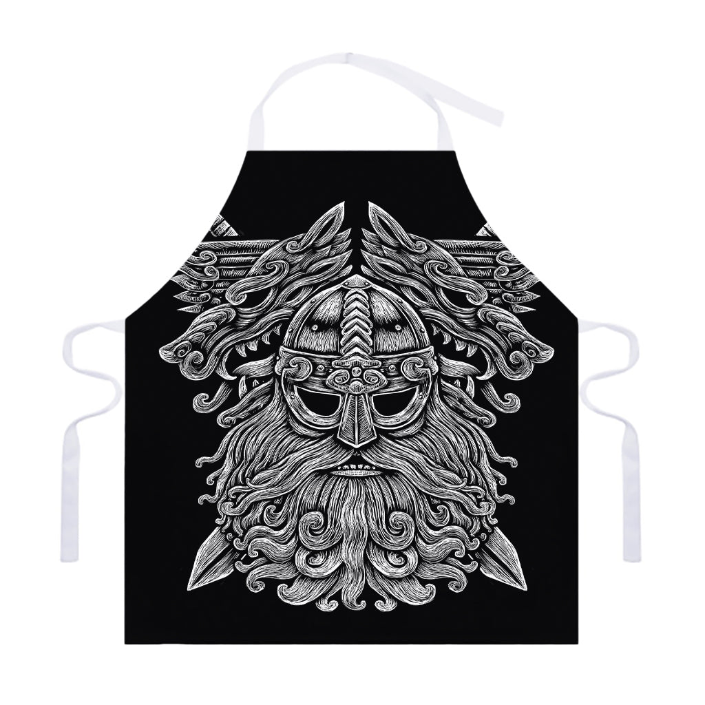 Black And White Odin With Wolfs Print Adjustable Apron