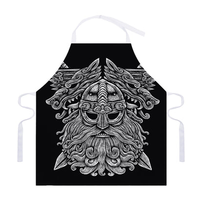 Black And White Odin With Wolfs Print Adjustable Apron