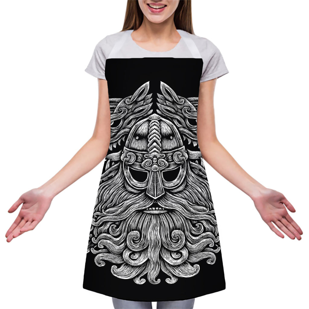 Black And White Odin With Wolfs Print Adjustable Apron