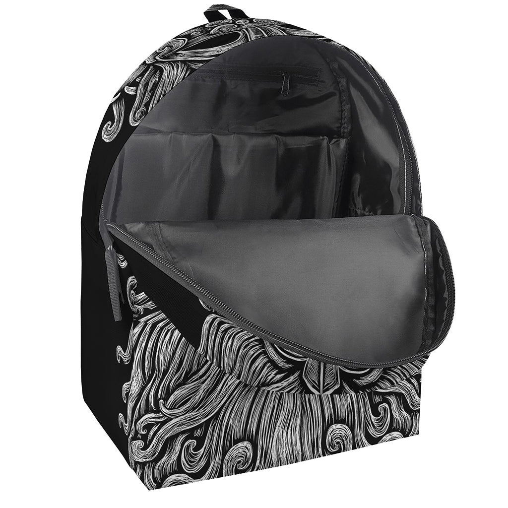 Black And White Odin With Wolfs Print Backpack
