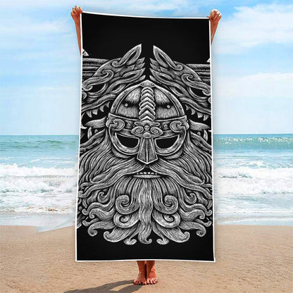 Black And White Odin With Wolfs Print Beach Towel