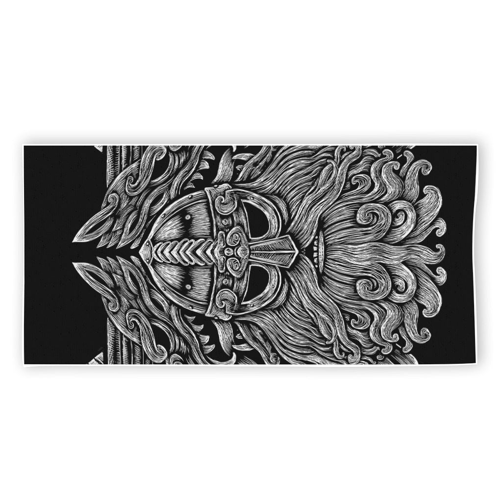 Black And White Odin With Wolfs Print Beach Towel