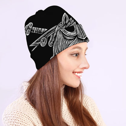 Black And White Odin With Wolfs Print Beanie