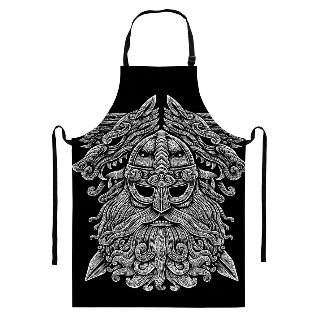 Black And White Odin With Wolfs Print Bib Apron With Pocket