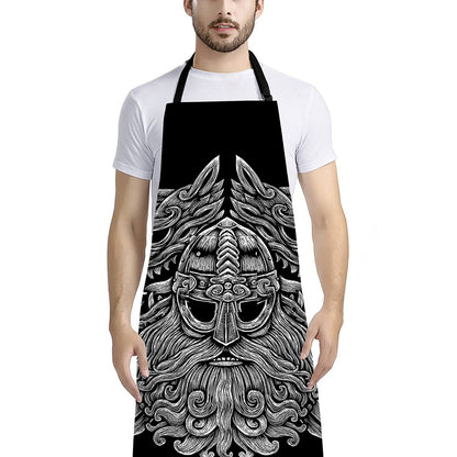 Black And White Odin With Wolfs Print Bib Apron With Pocket