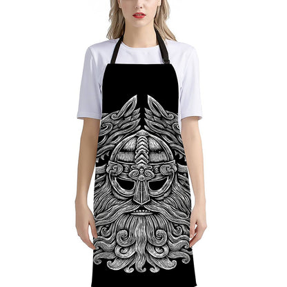 Black And White Odin With Wolfs Print Bib Apron With Pocket