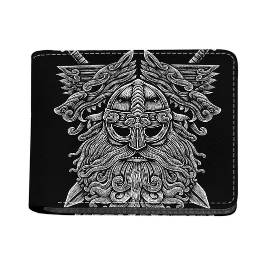 Black And White Odin With Wolfs Print Bifold Wallet