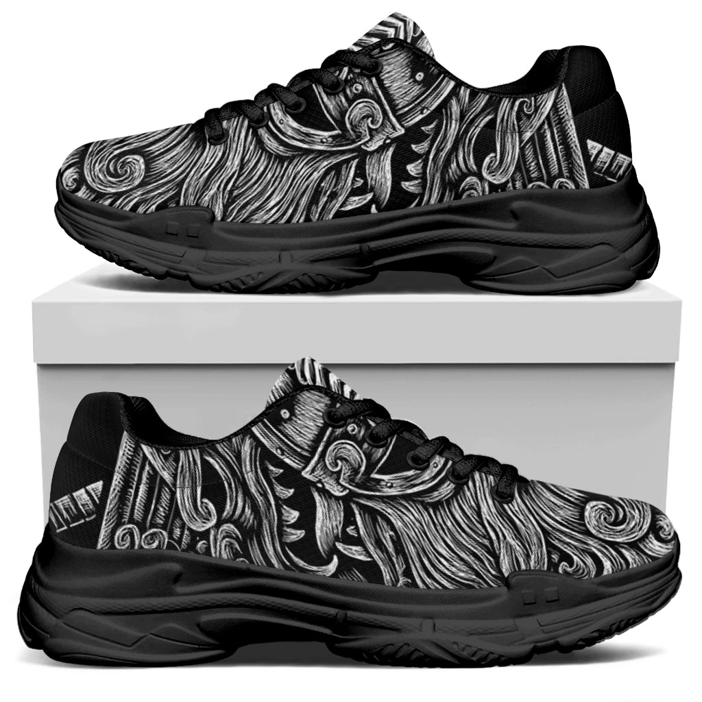 Black And White Odin With Wolfs Print Black Chunky Shoes