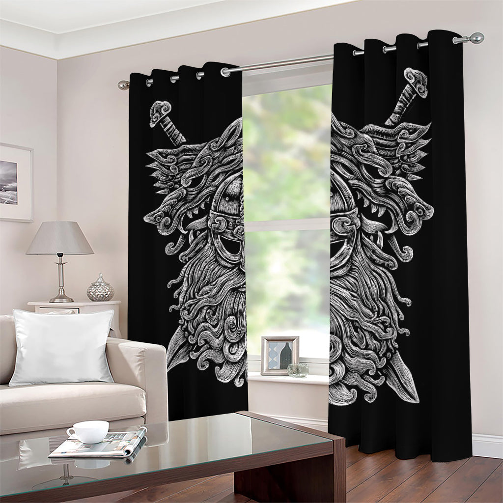 Black And White Odin With Wolfs Print Blackout Grommet Curtains