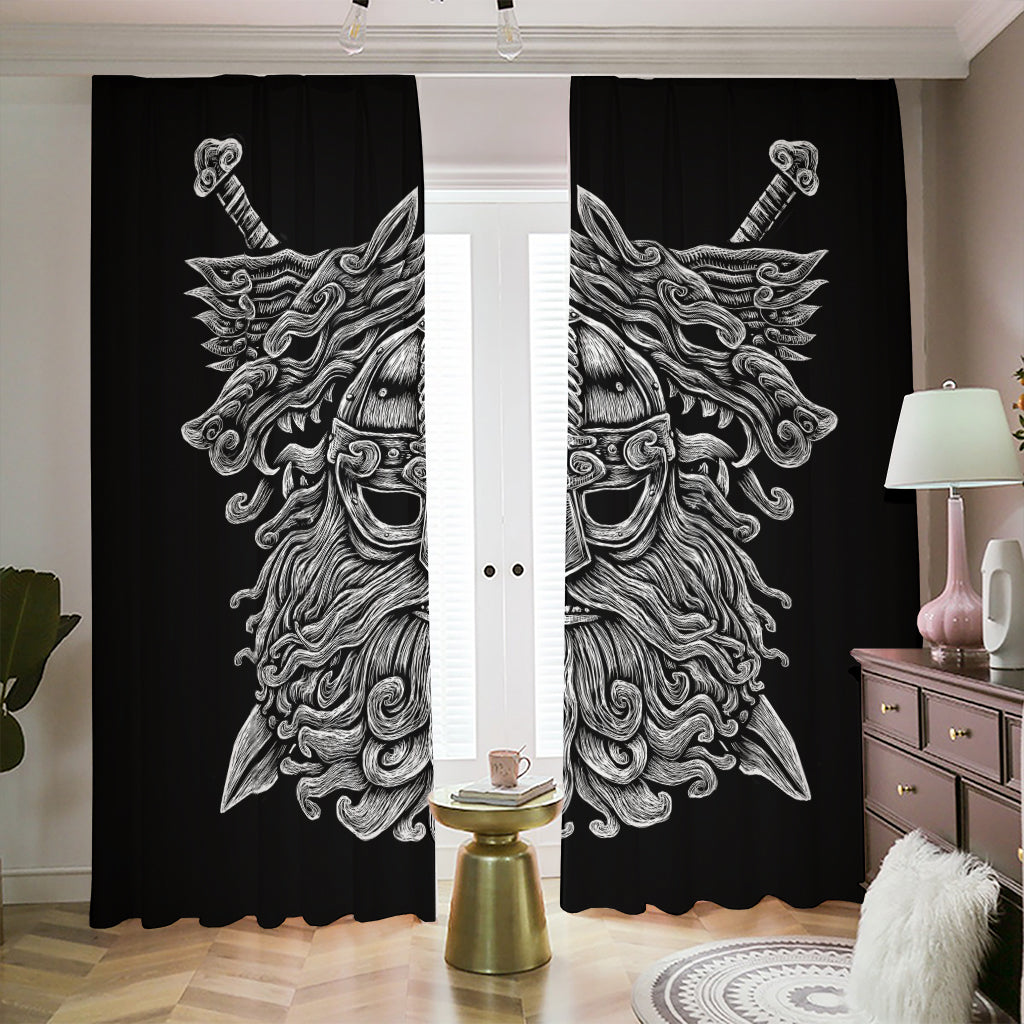 Black And White Odin With Wolfs Print Blackout Pencil Pleat Curtains