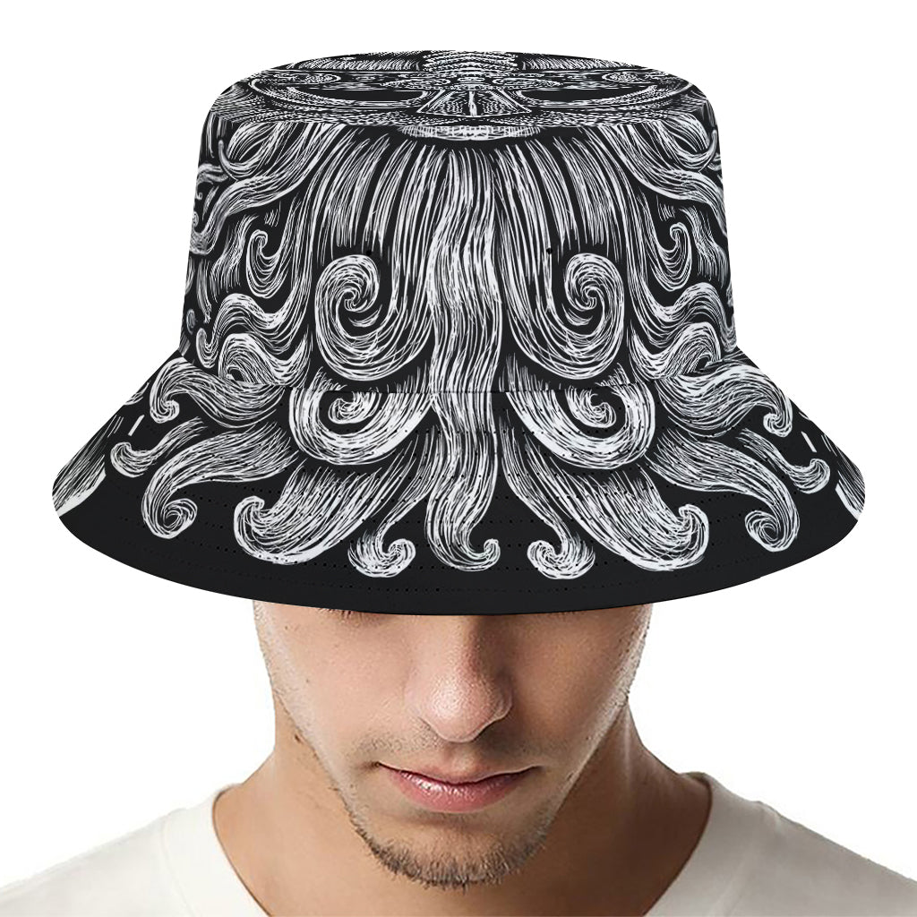 Black And White Odin With Wolfs Print Bucket Hat