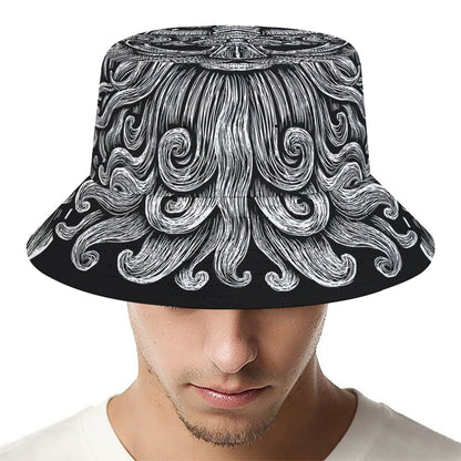 Black And White Odin With Wolfs Print Bucket Hat