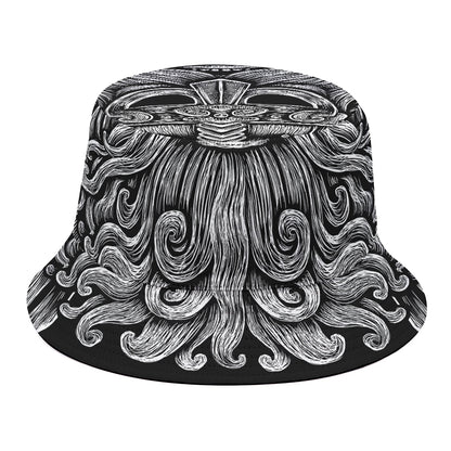 Black And White Odin With Wolfs Print Bucket Hat