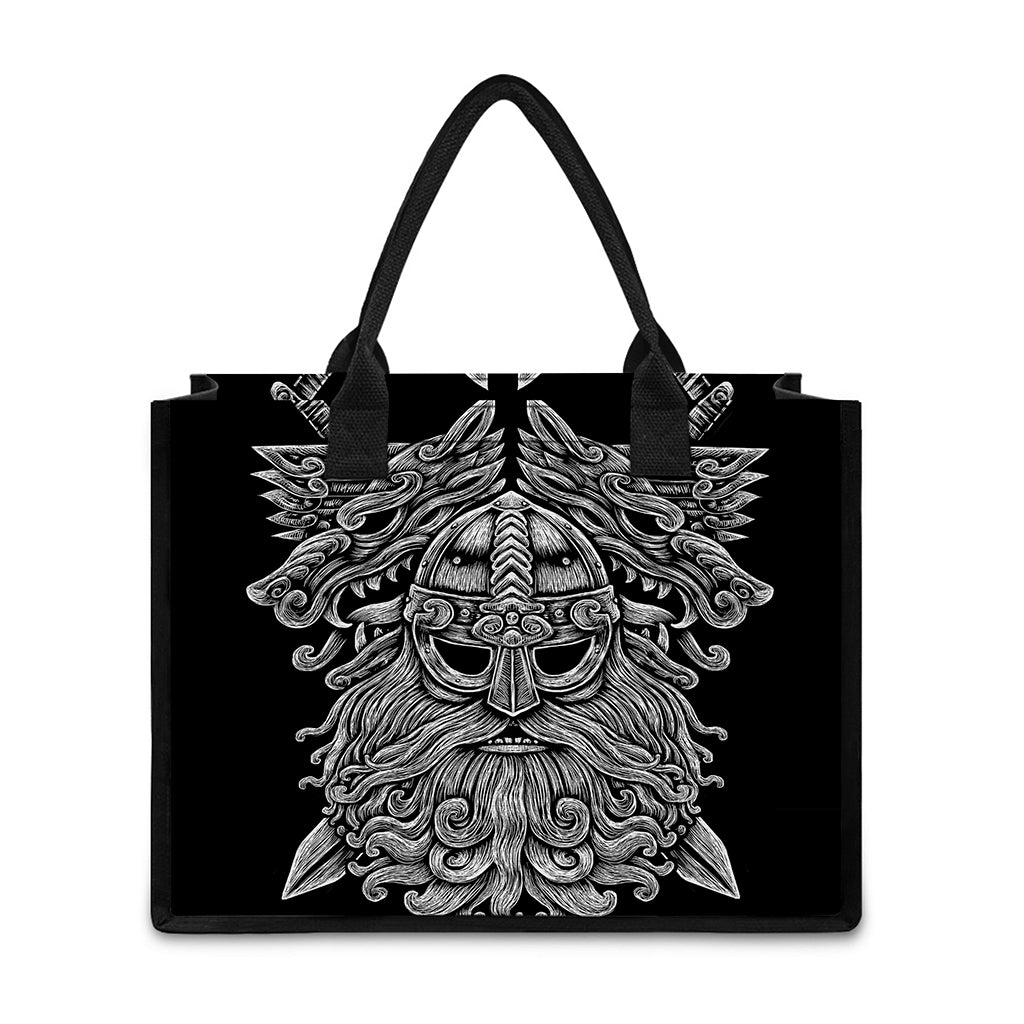 Black And White Odin With Wolfs Print Canvas Tote Bag