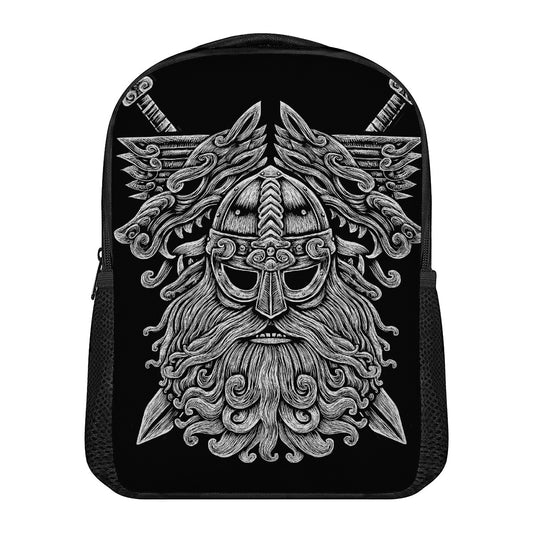 Black And White Odin With Wolfs Print Casual Backpack