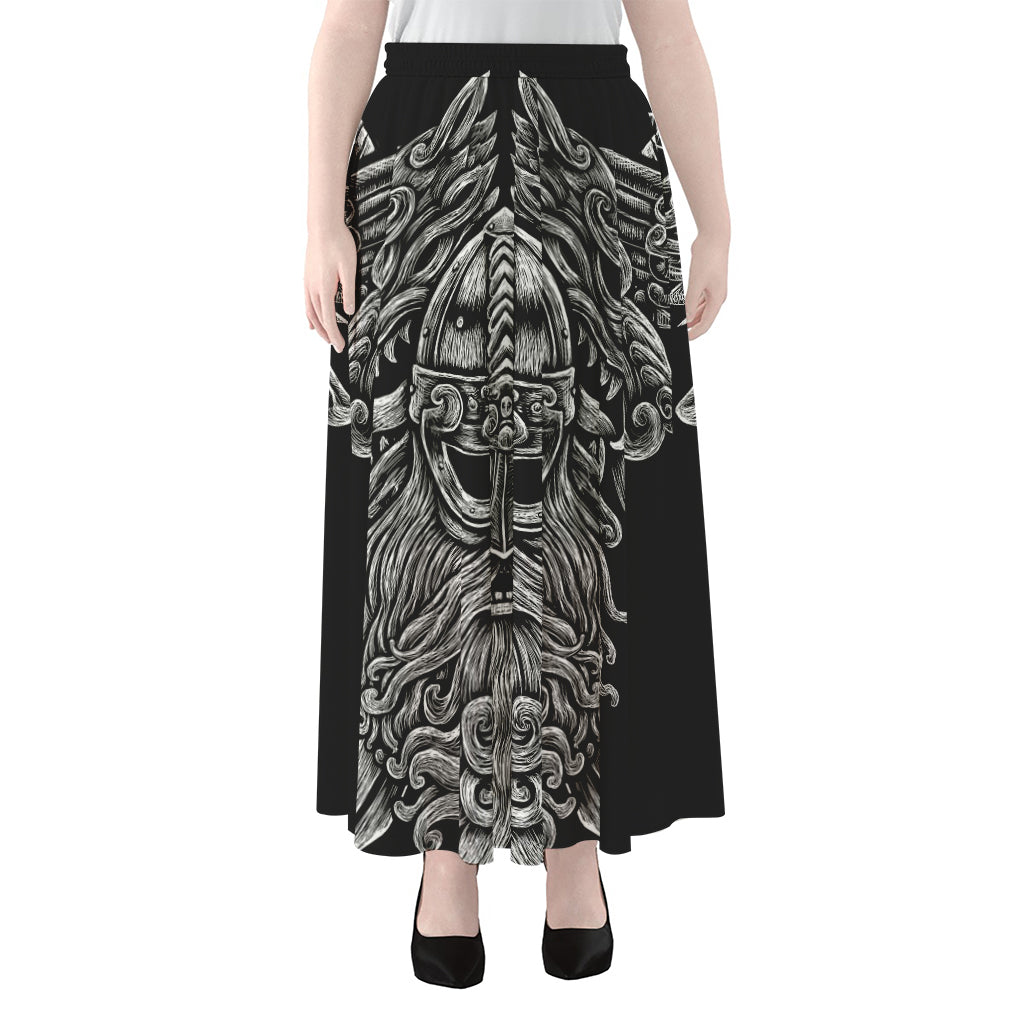 Black And White Odin With Wolfs Print Chiffon Maxi Skirt