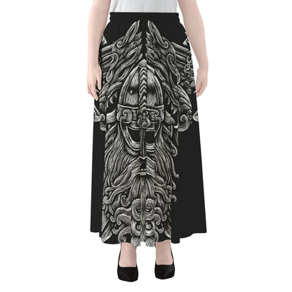 Black And White Odin With Wolfs Print Chiffon Maxi Skirt
