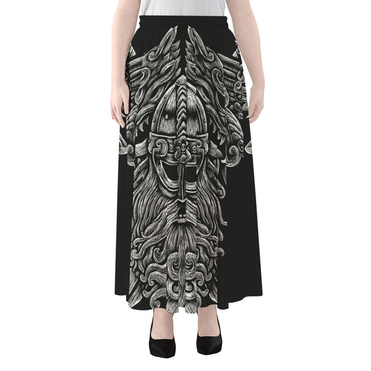 Black And White Odin With Wolfs Print Chiffon Maxi Skirt