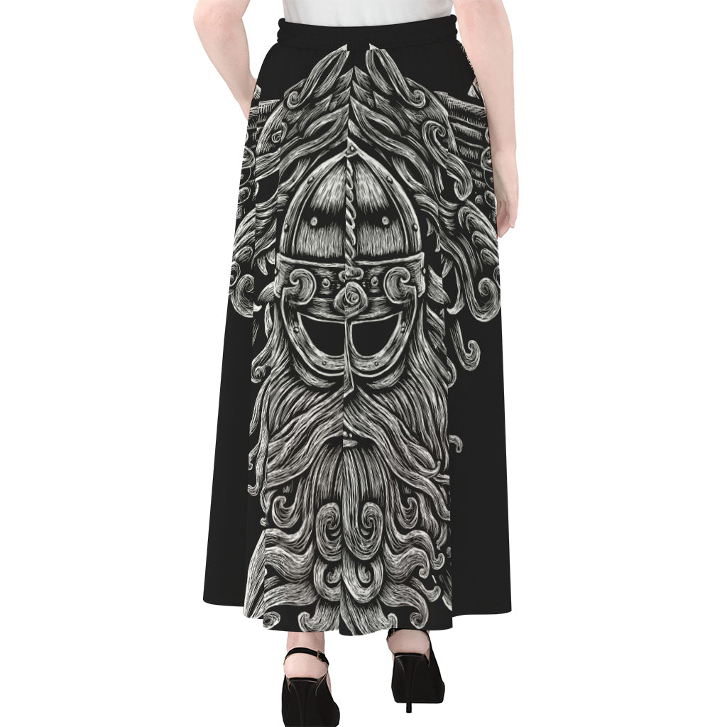 Black And White Odin With Wolfs Print Chiffon Maxi Skirt