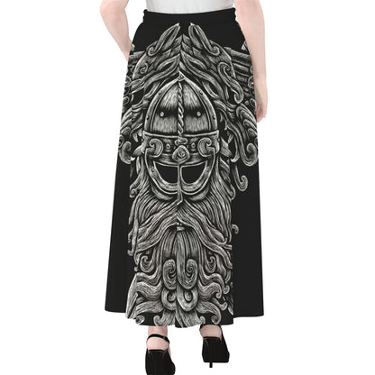 Black And White Odin With Wolfs Print Chiffon Maxi Skirt