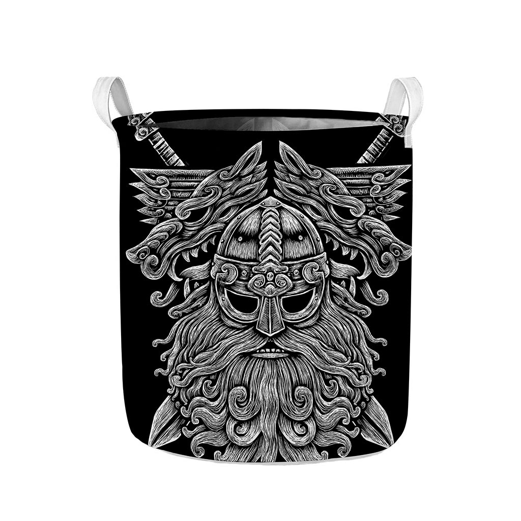 Black And White Odin With Wolfs Print Collapsible Laundry Basket