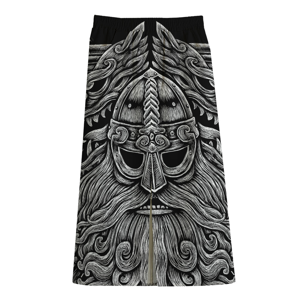 Black And White Odin With Wolfs Print Cotton Front Slit Maxi Skirt