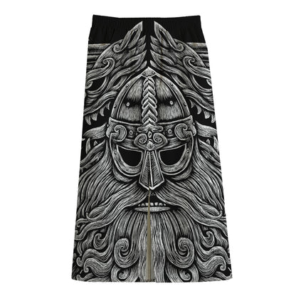 Black And White Odin With Wolfs Print Cotton Front Slit Maxi Skirt