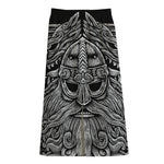 Black And White Odin With Wolfs Print Cotton Front Slit Maxi Skirt