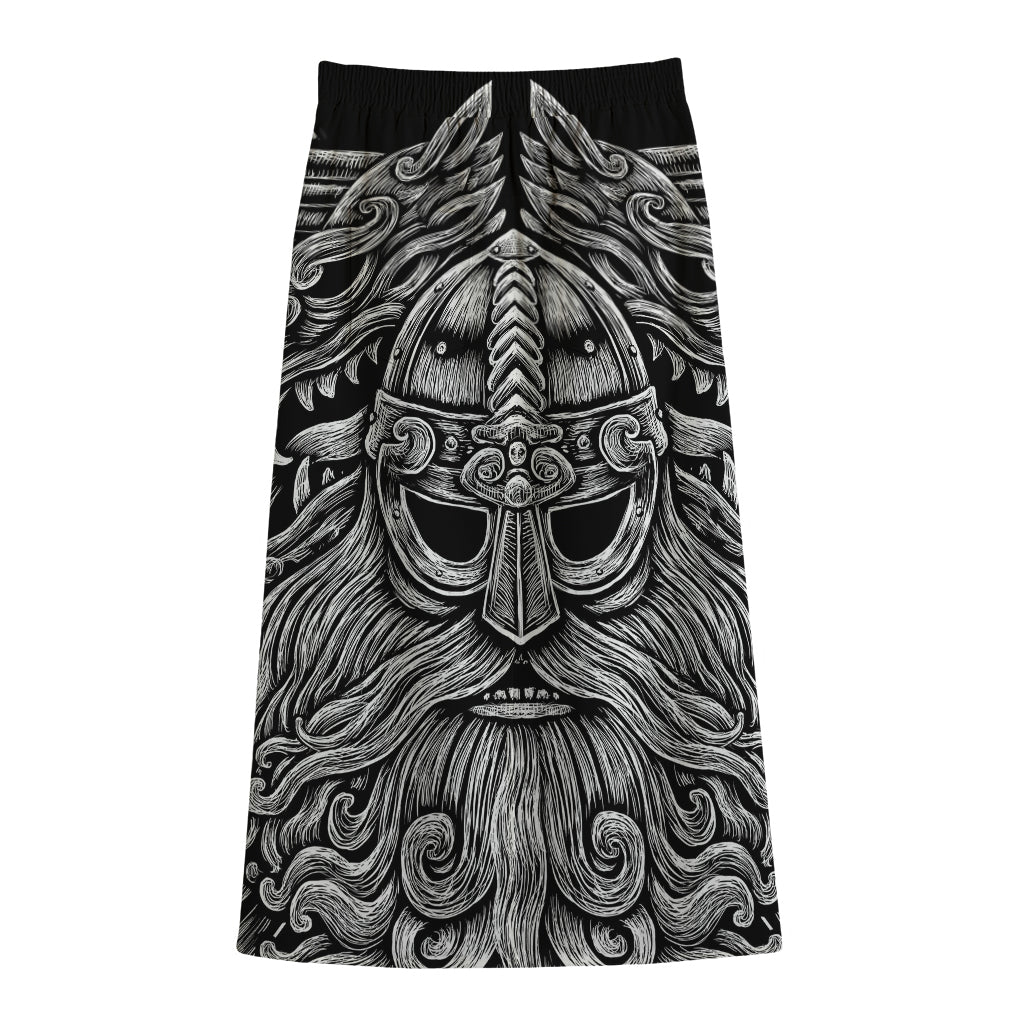 Black And White Odin With Wolfs Print Cotton Front Slit Maxi Skirt