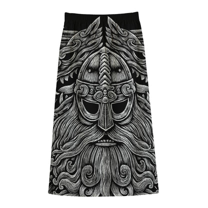 Black And White Odin With Wolfs Print Cotton Front Slit Maxi Skirt