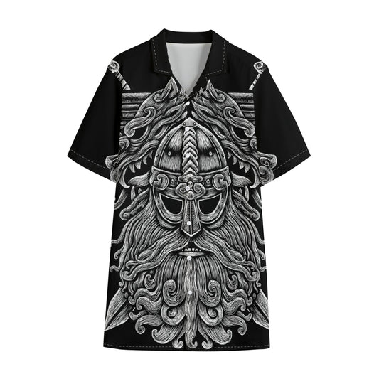 Black And White Odin With Wolfs Print Cotton Hawaiian Shirt