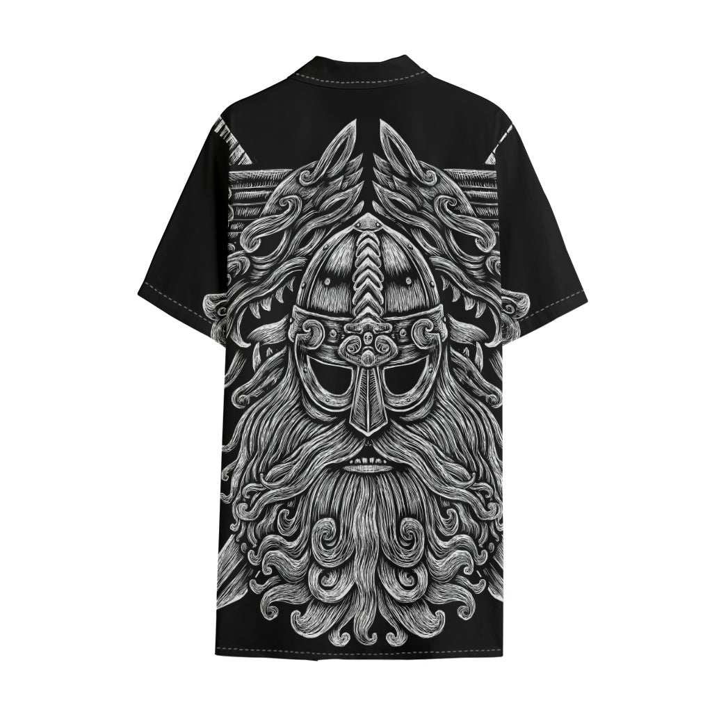 Black And White Odin With Wolfs Print Cotton Hawaiian Shirt