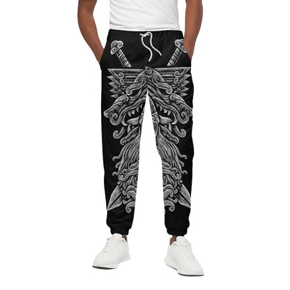 Black And White Odin With Wolfs Print Cotton Pants
