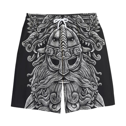 Black And White Odin With Wolfs Print Cotton Shorts
