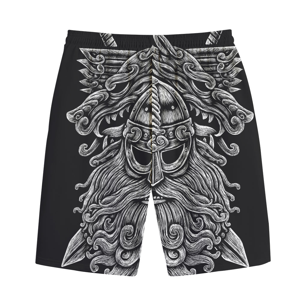 Black And White Odin With Wolfs Print Cotton Shorts