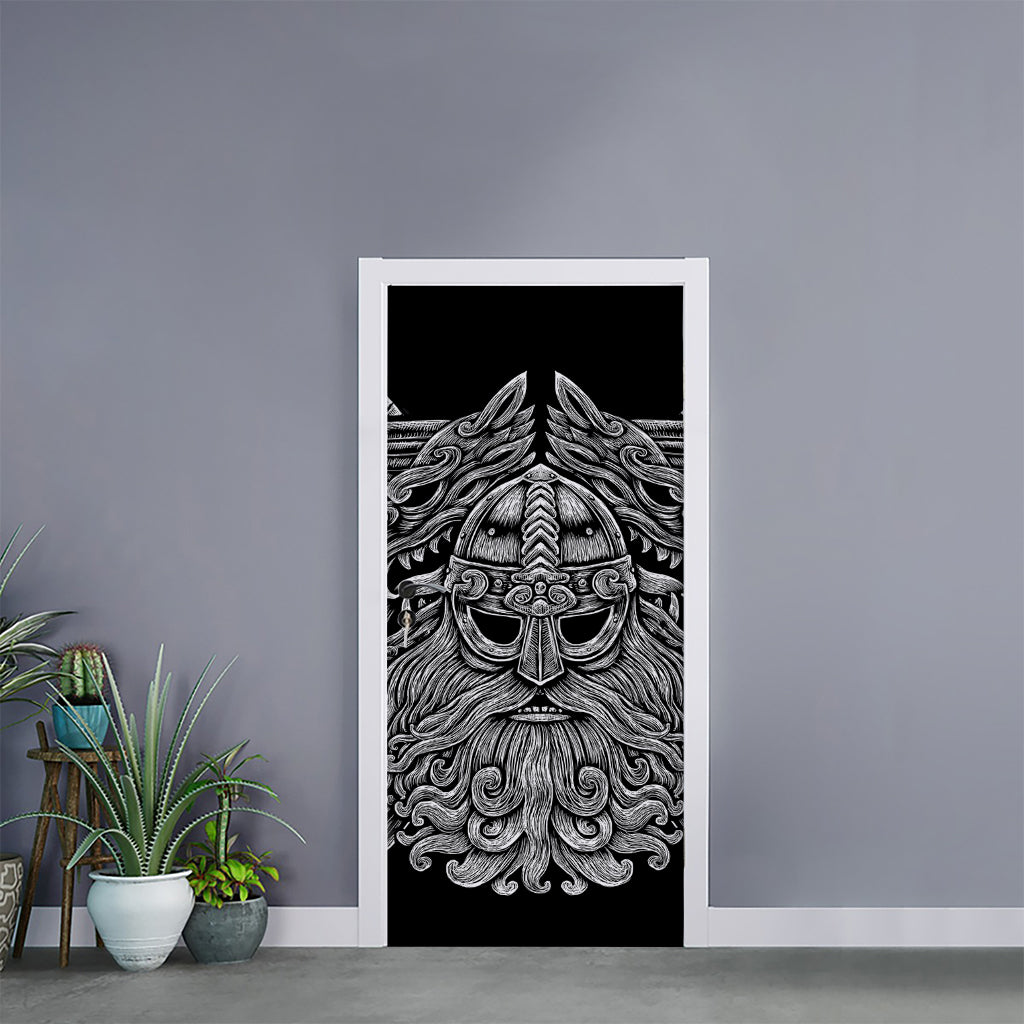 Black And White Odin With Wolfs Print Door Sticker