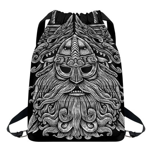 Black And White Odin With Wolfs Print Drawstring Backpack