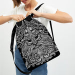 Black And White Odin With Wolfs Print Drawstring Backpack