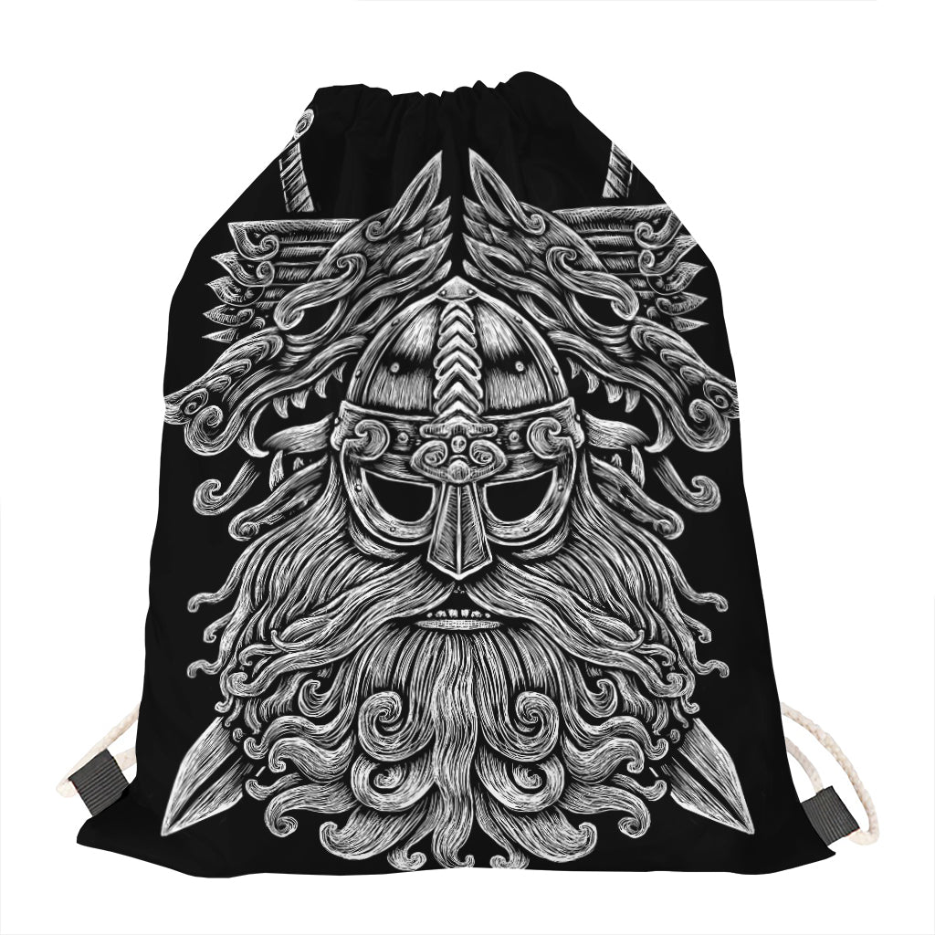 Black And White Odin With Wolfs Print Drawstring Bag