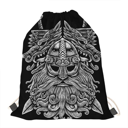 Black And White Odin With Wolfs Print Drawstring Bag